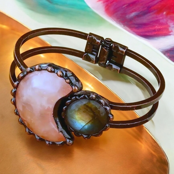 π Pink Rose Quartz & Labradorite Moon Natural Stone Bangle Cuff Bracelet πβ¨ - Picture 11 of 13